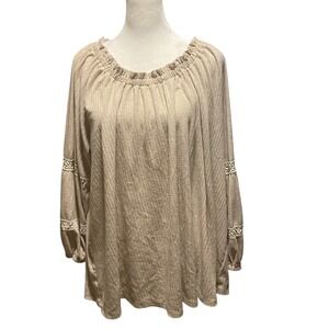 Lane Bryant Womens Boho Crochet Lace Ribbed Off Shoulder Top 22/24 Tan Romantic